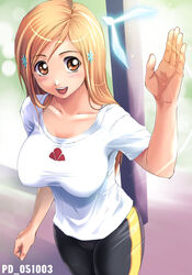  bleach breasts brown_eyes female inoue_orihime large_breasts long_hair orange_hair shinozuka_jouji shirt shun_shun_rikka solo t-shirt 