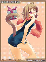  animal_ears ass back black_one-piece_swimsuit blush brown_hair cat_ears english_text engrish_text fat_mons female flat_chest gift glasses highres legs monika_(hannama) one-piece_swimsuit original purple_eyes ranguage red_scarf scarf school_swimsuit short_hair soine solo surprised swimsuit tail valentine 