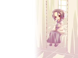  bed black_hair blush bow female hairbow indoors japanese_clothes kimono long_sleeves looking_away mole mole_under_mouth original ponytail purple_eyes room sitting slippers smile solo suzuki_kokono window 