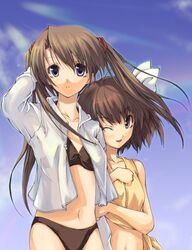  2girls bikini blue_eyes brown_eyes brown_hair day holding_another&#039;s_arm kida_emiri long_sleeves luna_(reclaimed_land) multiple_girls one_eye_closed open_clothes open_shirt shirt short_hair sumadera_yukio swimsuit tenshi_no_inai_12-gatsu twintails 