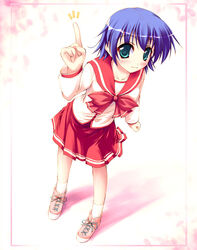  :3 aqua_eyes blue_hair blush bow collarbone female full_body index_finger_raised long_sleeves looking_at_viewer onsokuzekuu perspective photoshop_(medium) pink_bow school_uniform serafuku shadow shoes short_hair smile sneakers socks solo standing to_heart_(series) to_heart_2 tonami_yuma 