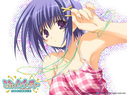  2005 armpits blue_hair bracelet comic_party copyright_name female haga_reiko hair_ribbon jewelry looking_at_viewer mitsumi_misato necklace pink_shirt plaid plaid_shirt purple_eyes ribbon shirt short_hair solo source_request upper_body yellow_ribbon 