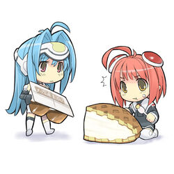  2girls blue_hair cake chibi chibi_only food hair_ornament hairclip helmet kizaki_(volvox) kos-mos long_sleeves lowres m.o.m.o. multiple_girls pastry pink_hair red_eyes thighhighs translated xenosaga xenosaga_episode_i yellow_eyes 