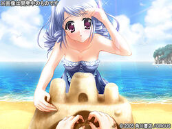  2005 :o bare_shoulders beach blue_hair casual_one-piece_swimsuit da_capo da_capo_i day dress_swimsuit female frilled_one-piece_swimsuit frills game_cg light_rays lowres nanao_naru ocean one-piece_swimsuit outdoors purple_eyes sand_castle sand_sculpture solo source_request sparkle sunbeam sunlight swimsuit tsukishiro_alice twintails water 