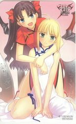  2girls alternate_costume artoria_pendragon_(fate) blonde_hair china_dress chinese_clothes comiket_69 dress fate/stay_night fate_(series) hug long_hair lowres multiple_girls phonecard saber_(fate) source_request takeuchi_takashi tohsaka_rin two_side_up 