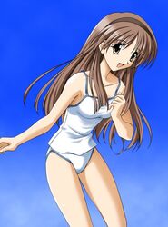  artist_request blue_background brown_hair camisole female hairband hizuki_ayaka leaning_forward lingerie long_hair looking_at_viewer memories_off memories_off_1 open_mouth panties solo swimsuit underwear underwear_only yellow_eyes 