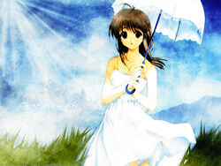  artist_request comic_party day dress female makimura_minami outdoors solo sundress umbrella 