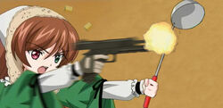  anime_screenshot bonnet brown_hair casing_ejection female finger_on_trigger fingerless_gloves firing gloves green_eyes gun handgun heterochromia holding holding_gun holding_weapon ladle long_sleeves motion_blur muzzle_flash open_mouth recoil red_eyes rozen_maiden shell_casing solo suiseiseki third-party_edit violence weapon 