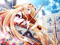  blonde_hair daisy female flower game_cg instrument kotamaru_(pajama_soft) long_hair long_sleeves pizzicato_polka rose solo source_request stella_(pizzicato_polka) very_long_hair violin 