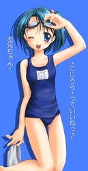  98se-tan ;d adjusting_eyewear arm_at_side arm_up artist_request bare_arms bare_shoulders blue_background blue_eyes blue_hair blue_one-piece_swimsuit breasts collarbone exif_thumbnail_surprise female goggles hair_bobbles hair_intakes hair_ornament looking_at_viewer musical_note name_tag one-piece_swimsuit one_eye_closed open_mouth os-tan school_swimsuit short_hair silhouette small_breasts smile solo source_request swim_cap swimsuit teeth thigh_gap 