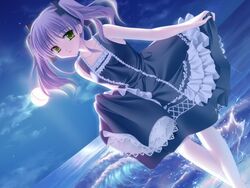  amano_chiwa beach blue_dress cloud dress dutch_angle female game_cg goth_fashion gothic_lolita green_eyes lolita_fashion looking_at_viewer matsushita_makako moon night night_sky ocean open_mouth purple_hair rakko_(makarakko) ribbon sky smile solo twintails underbar_summer water 