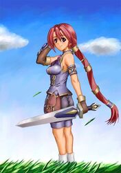  brown_eyes cloud dark_chronicle day female grass holding holding_sword holding_weapon long_hair looking_at_viewer looking_back monica_(dark_chronicle) multi-tied_hair outdoors red_hair sky solo source_request sword twisted_torso very_long_hair weapon wind 