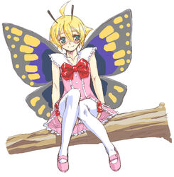  antennae blonde_hair blush bug butterfly fairy female mary_janes satou_atsuki shimon_(shimotsuma) shimotsuma shoes solo thighhighs wings 