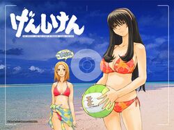  2girls :3 afternoon_(magazine) ball beach bikini breasts camera cosplay day dead_or_alive genshiken hairband hitomi_(doa) hitomi_(doa)_(cosplay) kasukabe_saki kio_shimoku large_breasts mole mole_under_eye mole_under_mouth multiple_girls multiple_moles ocean ohno_kanako outdoors source_request swimsuit volleyball volleyball_(object) 