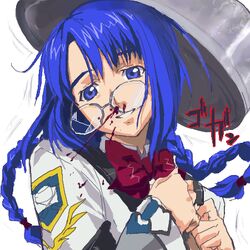  artist_request blood blue_eyes blue_hair braid broken_eyewear female glasses gunparade_march long_hair long_sleeves lowres nosebleed oekaki simple_background solo source_request tanabe_maki twin_braids white_background 