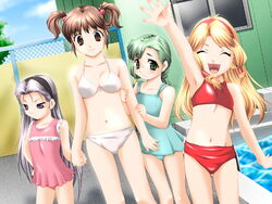  4girls bikini blonde_hair blue_eyes brown_eyes day fujiki_kanan game_cg glasses green_eyes hair_tubes kami_tama_~kami-sama_no_tamago~ long_hair mao_(kami_tama) miku_(kami_tama) multiple_girls suzune_(kami_tama) swimsuit twintails yukishiro_yoshi 