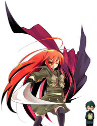  1boy alastor_(shakugan_no_shana) bread character_request female food highres jewelry long_hair long_sleeves melon_bread pendant red_hair shakugan_no_shana shana shirou sword thighhighs weapon 