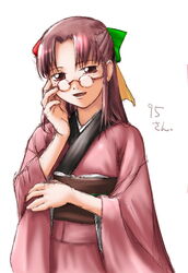  95-tan artist_request brown_eyes brown_hair character_name exif_thumbnail_surprise female glasses half_updo japanese_clothes kimono long_sleeves looking_at_viewer open_mouth os-tan pink_kimono round_eyewear simple_background solo white_background wide_sleeves 