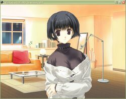  :3 asou_asuna black_hair book brown_eyes bucket coat female game_cg indoors lamp long_sleeves looking_at_viewer mirror mitsumi_misato off_shoulder pillow plant scroll shelf short_hair solo sweater table tenshi_no_inai_12-gatsu turtleneck vase window winter_clothes winter_coat wooden_floor 