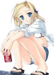  akino_takehiko bettou_izumi-shizuka_scarlett bikini blonde_hair blue_eyes blue_shorts can coca-cola cutoffs denim denim_shorts drink drink_can female flat_chest flip-flops full_body holding holding_can long_hair long_sleeves looking_at_viewer sandals scarlett shorts simple_background soda_can solo squatting summer_uniform swimsuit white_background 