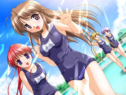  4girls amagasaki_mikoto bekkankou blonde_hair blue_eyes brown_hair chain-link_fence day dutch_angle fence fujieda_honami game_cg lens_flare light_purple_hair long_hair multiple_girls name_tag one-piece_swimsuit outdoors pink_eyes ponytail pool poolside red_hair school_swimsuit shibugaki_matsuri short_hair swimsuit tachibana_chihiro tsuki_wa_higashi_ni_hi_wa_nishi_ni twintails water wet 