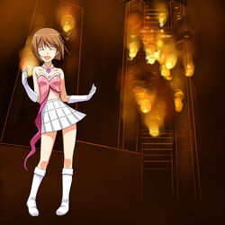  :d ^_^ a1_(initial-g) asymmetrical_clothes bare_shoulders bob_cut boots brown_hair closed_eyes cute_&amp;_girly_(idolmaster) dai_mahou_touge dancing earrings female fire gloves hagiwara_yukiho idolmaster idolmaster_(classic) idolmaster_1 jewelry legs open_mouth parody photoshop_(medium) smile snow_strawberry_(idolmaster) solo 