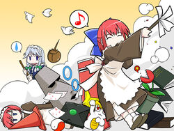  3girls bird book cleaning crossover dove dust_cloud duster eighth_note fireball game_console gundam hisui_(tsukihime) horseshoe_crab izayoi_sakuya kohaku_(tsukihime) long_sleeves maid maneki-neko mario_(series) moai multiple_girls musical_note neco-arc parody photoshop_(medium) piranha_plant plant potted_plant shaomin spoken_musical_note spoken_sweatdrop sweatdrop touhou traffic_cone tsukihime xbox yin_yang 