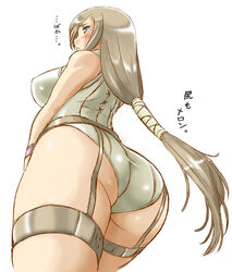  alternate_costume alternate_hairstyle ass bare_shoulders blue_eyes blush breasts cowboy_shot dr.p duplicate embarrassed female from_behind from_below garter_straps hair_tubes large_breasts light_brown_hair long_hair looking_back low-tied_long_hair official_alternate_costume one-piece_swimsuit photoshop_(medium) profile simple_background solo standing swimsuit tales_of_(series) tales_of_the_abyss tear_grants tear_grants_(rental_beauty) thighs very_long_hair white_background white_one-piece_swimsuit wrist_cuffs 