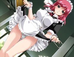  apron black_dress black_eyes blue_panties blush boin clothes_lift dress dress_lift dutch_angle female game_cg happoubi_jin iihara_nao long_hair long_sleeves maid maid_headdress panties pink_hair print_panties red_hair ribbon solo standing thigh_gap underwear wrist_cuffs 