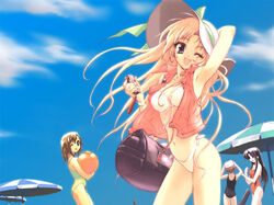  4girls armpits artist_request ball beachball bikini blonde_hair canvas_(cocktail_soft) cloud day hat holding holding_ball holding_beachball long_hair multiple_girls nanashiro_yuzu one_eye_closed orange_hair outdoors photoshop_(medium) sakurazuka_ren shinomiya_yuu sky swimsuit tachibana_amane 