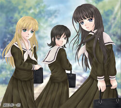  3girls arms_behind_back bag black_bag black_hair blonde_hair blue_eyes closed_mouth cowboy_shot day dress green_serafuku green_shirt green_skirt grey_eyes holding holding_bag long_hair long_sleeves looking_at_viewer looking_back lowres maria-sama_ga_miteru multiple_girls natsume_shun&#039;ichirou outdoors parted_lips pleated_skirt sailor_collar sailor_dress school_bag school_uniform serafuku shirt short_hair skirt smile super_rosa_chinensis super_rosa_foetida super_rosa_gigantea white_sailor_collar 