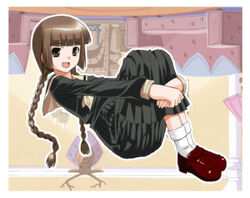  bad_id black_serafuku border braid brown_eyes brown_hair deer_head female hugging_own_legs long_sleeves looking_at_viewer maria-sama_ga_miteru neckerchief open_mouth outline reclining school_uniform serafuku shimazu_yoshino socks solo trophy_head twin_braids twintails umekichi upside-down_background white_border white_neckerchief white_outline white_socks 