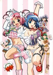  5girls :&lt; :3 :d ^_^ absurdres age_difference ahoge akiba_megumi animal_ears ankle_ribbon aqua_hair arm_up bare_shoulders beads bloomers blue_eyes blue_hair blush blush_stickers boots bow bra braid breasts bridal_garter buckle camisole chemise choker cleavage closed_eyes corset crop_top cross cross-laced_clothes cross_earrings crossed_arms detached_sleeves dress earrings elbow_gloves fake_animal_ears fishnet_gloves fishnet_thighhighs fishnets flat_chest flipped_hair foreshortening frilled_panties frills from_side front-tie_top gloves green_hair grey_hair groin hair_ribbon hairband hairbow halterneck happy head_tilt highres holding holding_skull jewelry kemonomimi_mode knee_boots kokubunji_koyori lace large_breasts latin_cross leg_lift leg_ribbon leg_up lingerie lolicon lolita_hairband long_hair looking_at_viewer lowleg lowleg_panties midriff mugimaru multicolored_bra multicolored_clothes multicolored_panties multiple_girls nakahara_komugi navel navel_piercing necktie nurse_witch_komugi-chan nurse_witch_komugi-chan_magikarte o_o oerba_yun_fang official_art open_mouth outstretched_arm panties parted_bangs photoshop_(medium) piercing pink_bloomers pink_eyes pink_footwear pink_hair plaid platform_footwear pointing pointing_at_viewer rabbit_ears ribbon sakurai_asuka satou_taka scan see-through shoes short_dress short_hair side-tie_panties simple_background skull smile standing standing_on_one_leg strapless string_panties striped striped_background stuffed_animal stuffed_rabbit stuffed_toy thighhighs tokisaka_runa torn_clothes torn_thighhighs twintails two_side_up underwear underwear_only v vertical_stripes white_gloves white_panties 