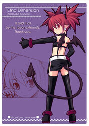  ayami_chiha bat_wings black_gloves demon_girl disgaea earrings elbow_gloves english_text engrish_text etna_(disgaea) exif_thumbnail_surprise female gloves jewelry makai_senki_disgaea_2 miniskirt photoshop_(medium) pointy_ears purple_background ranguage red_eyes red_hair skirt solo tail thighhighs twintails wings zettai_ryouiki 