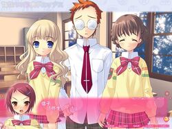  1boy 3girls ^_^ amamori_yayoi blonde_hair blue_eyes blush braid brown_hair closed_eyes collared_shirt crossed_arms desk french_braid fukamichi_nobuko game_cg glasses hair_ornament hairclip indoors ito_noizi koiwai_flora locker long_sleeves multiple_girls nanatsuiro_drops necktie nose_blush plant sakuraba_keisuke school school_desk school_uniform seijou_academy_school_uniform shirt short_hair standing swept_bangs tree window 