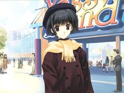  asou_asuna beret black_hair brown_eyes crowd female game_cg hat long_sleeves mitsumi_misato scarf solo tenshi_no_inai_12-gatsu 