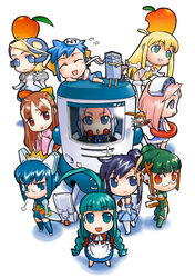  2003_server 2k-tan 6+girls 95-tan 98-tan :d :o :p ^_^ ahoge apple black_hair blonde_hair blue_eyes blue_hair blunt_bangs ce-tan chibi chibi_only closed_eyes crown dress flying_sweatdrops food fruit glass glasses green_eyes green_hair hair_ornament hairpin headgear hirai_yukio homeko long_hair long_sleeves machinery me-tan multiple_girls nt-tan open_mouth orange_eyes os-tan os9 os9.2 short_hair sidelocks simple_background smile standing thighhighs tongue tongue_out white_background xp-tan xp_home-tan 