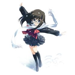  :d black-framed_eyewear black_hair black_jacket black_socks blue_eyes blush bow brown_footwear female floating_scarf footprints fringe_trim from_above full_body glasses grey_skirt happy highres jacket kneehighs kurihara_touko legs_together loafers long_hair long_legs long_scarf long_sleeves looking_at_viewer miniskirt nakamura_takeshi open_mouth outstretched_arms pleated_skirt red_bow round_eyewear sailor_collar scarf school_uniform serafuku shadow shirt shoes skirt sleeve_cuffs slim_legs smile snow snowing socks solo spread_arms standing tenshi_no_inai_12-gatsu thighhighs white_sailor_collar white_scarf 