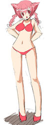  animal_ears bikini braid cat_ears copyright_request female red_eyes red_hair shijou_sadafumi solo swimsuit twin_braids 