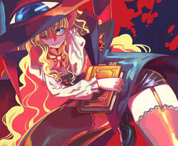  blonde_hair book cape curly_hair female hat lilith_(yamibou) long_hair long_sleeves miniskirt omake3213 skirt solo thighhighs witch_hat yami_to_boushi_to_hon_no_tabibito zettai_ryouiki 