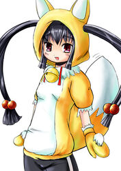  animal_costume animal_ear_headwear animal_ears bell black_pants dot_nose fake_animal_ears female fox_costume hair_bobbles hair_ornament jingle_bell kooh marneko mittens neck_bell open_mouth pangya pants red_eyes short_sleeves solo tail twintails white_background yellow_mittens 