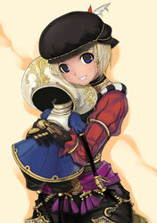  adventurer_(ff11) black_gloves black_hat blonde_hair blue_eyes cowboy_shot feathers female final_fantasy final_fantasy_xi gloves grin hat hat_feather hugging_object hume long_sleeves looking_at_viewer mikazuki_akira! photoshop_(medium) puppet puppetmaster_(final_fantasy) red_feathers short_hair smile solo white_feathers 