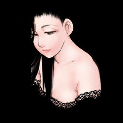  bare_shoulders black_background black_hair black_theme blending breasts brown_eyes collarbone copyright_request female lace light_smile lips long_hair looking_down lowres mori_kaoru simple_background solo upper_body 