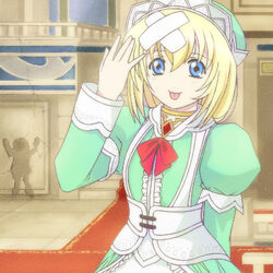  :p artist_request bandages blonde_hair blue_eyes colette_brunel colette_brunel_(maid) female long_sleeves lowres maid official_alternate_costume solo tales_of_(series) tales_of_symphonia tongue tongue_out wall_crash 