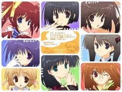  6+girls :o ;) asou_asuna black_hair blonde_hair blush brown_hair character_name comic_party company_connection crossover fang_out finger_to_mouth gloves green_eyes haga_reiko hair_ribbon hasebe_aya inagawa_yuu kida_emiri leaf_(studio) mitsumi_misato multiple_girls oerba_yun_fang one_eye_closed own_hands_together parted_lips purple_eyes purple_hair red_eyes ribbon sidelocks smile speech_bubble sumadera_yukio takase_mizuki teeth tenshi_no_inai_12-gatsu tsukamoto_chisa white_gloves yoshio_(leaf) 