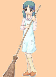  apron bad_id bamboo_broom blue_hair broom brown_eyes female gokujou_seitokai hair_bobbles hair_ornament hisakawa_maachi holding holding_broom kneehighs long_hair long_sleeves looking_at_viewer orange_background otsutama_takashi simple_background smile socks solo twintails yellow_socks 