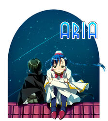  1boy ahoge aika_granzchesta albert_pitt aria_(manga) blue_pantyhose blush braid cape capelet dress earrings female hat high_collar himeya_company_uniform jewelry logo long_dress long_sleeves night pantyhose rooftop sad shooting_star sitting star_(symbol) twin_braids uniform white_capelet white_dress wind zono_(rinkara-sou) 