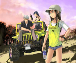  1boy 2girls bare_shoulders black_hair bottle brown_hair cabbie_hat car clothes_writing denim denim_shorts dress drink glasses green_eyes hat jeep_(company) jeep_wrangler jersey long_hair motor_vehicle multiple_girls original outdoors radio shorts watch wristwatch yoneda_taishou 