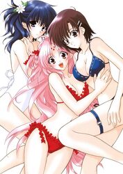  3girls :d :o ahoge bikini blue_bikini blue_eyes blush braid breasts brown_eyes brown_hair casual_one-piece_swimsuit cleavage facepaint facial_mark flower frilled_bikini frills girls_bravo hair_flower hair_ornament hairclip kojima_kirie koyomi_hare_nanaka looking_at_viewer mario_kaneda medium_breasts miharu_sena_kanaka multiple_girls navel one-piece_swimsuit open_mouth parted_lips ponytail red_bikini red_eyes short_hair simple_background smile swimsuit teeth white_background white_one-piece_swimsuit 