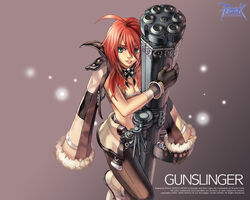  ahoge aqua_eyes breasts character_name cleavage female gatling_gun gloves gun gunslinger_(ragnarok_online) lips long_hair midriff minigun myung-jin_lee navel photoshop_(medium) ragnarok_online red_hair solo weapon 